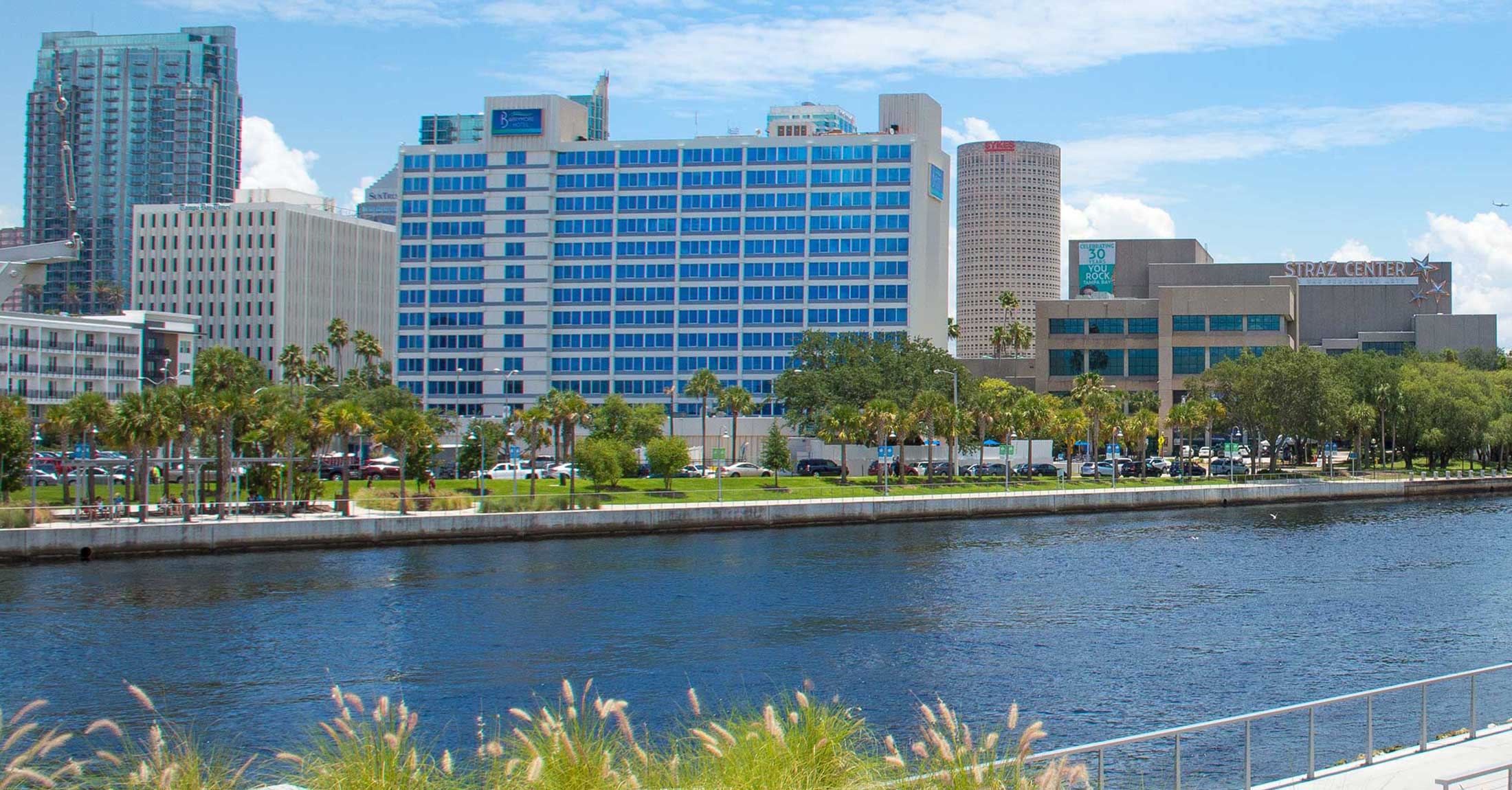 view of hotel from across river at tampa river center