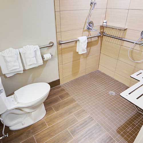 One-Queen ADA Guest Room Bathroom with Roll-In Shower and Shower Seat